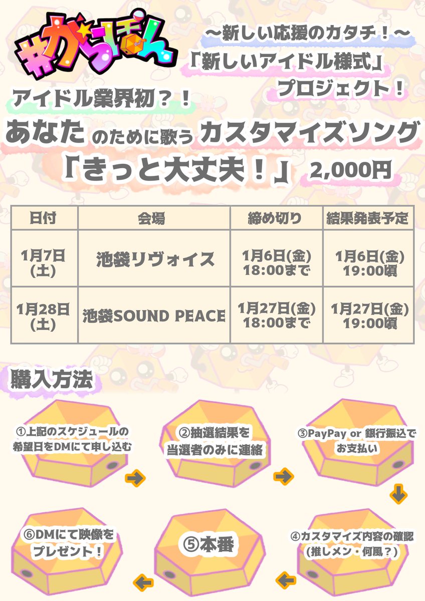 grpn_official's tweet photo. 「新しいアイドル応援プロジェクト📢」
#がらぽん では新しい試みに挑戦しております‼️
「きっと 大丈夫」の歌詞の中にあなたのお名前が⁉️
1/7(土)28(土)受付開始💚❤️💗

詳しくは⬇️
ご購入は@grpn_help DMにてご連絡ください🙇
#新しいアイドルのカタチ
#新しいアイドル様式
#カスタマイズソング https://t.co/NT00UqleGW
