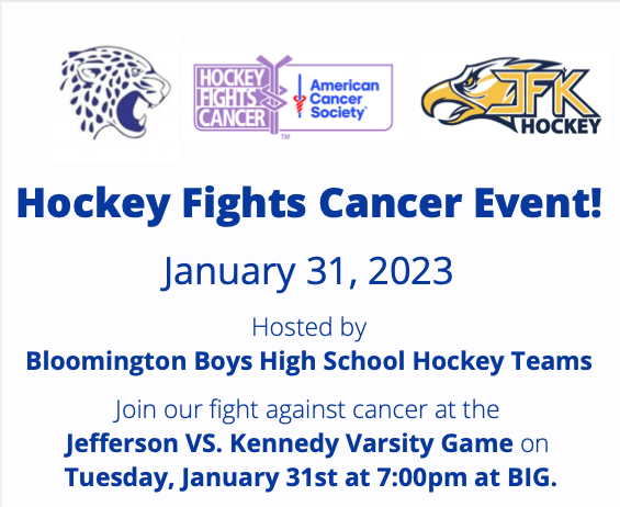 JagHockey's tweet image. Mark January 31st at 7pm on your calendar because the Battle of Bloomington will also be Hockey Fights Cancer Night!  

We are excited to work together with @jfkboyshockey to raise money for the American Cancer Society.

#cancersucks
#bloomingtonstrong

@jeffjaguars @JHBCHockey