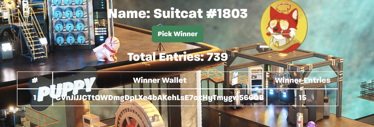 Winner of SUITCAT #1803 is
CVnJiJJCTtQWDmgDpLXe4bAKehLsE7oxHyTmygw566QB
with 15 tickets! 

Total $TREATS burnt - 739000