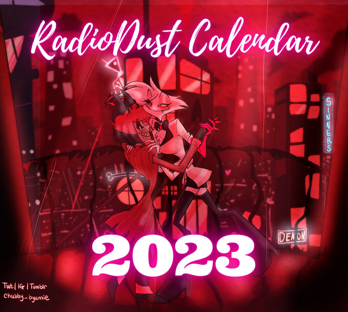 RadioDust_INC's tweet photo. We are proud to present the RadioDust 2023 calendar! A project in collaboration with great artists! We leave you the link below❤️‍🔥. Enjoy it and thank you for participating! #HazbinHotel #RadioDust #RadioDustCalendar2023 
Art cover by: @Chubby_Byunnie 

https://t.co/9FxfL8czkO https://t.co/dni18pXU1Q