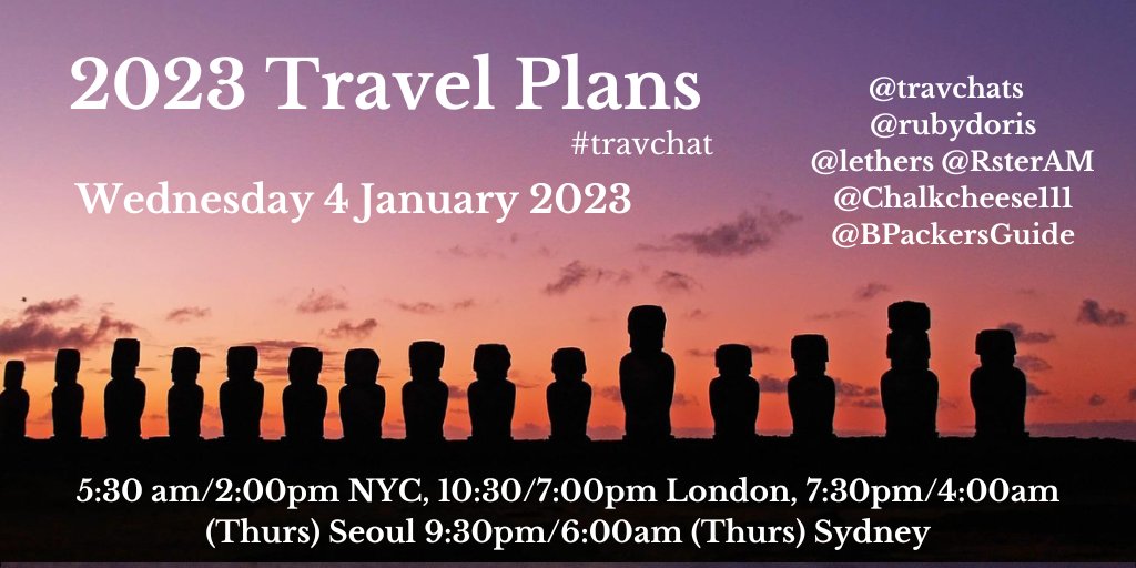 @tangoandrakija @LongShortCoffee @OurWorldforYou @BackpackingScr1 @AAATravelServic @destguides @mattsnextsteps Counting down to today's #travchat Join us & our usual co-hosts at 5:30am/2:00pm NYC, 10:30am/7:00pm LON, 7:30pm/4:00am(Thurs) Seoul, 9:30pm/6:00am(Thurs) SYD
