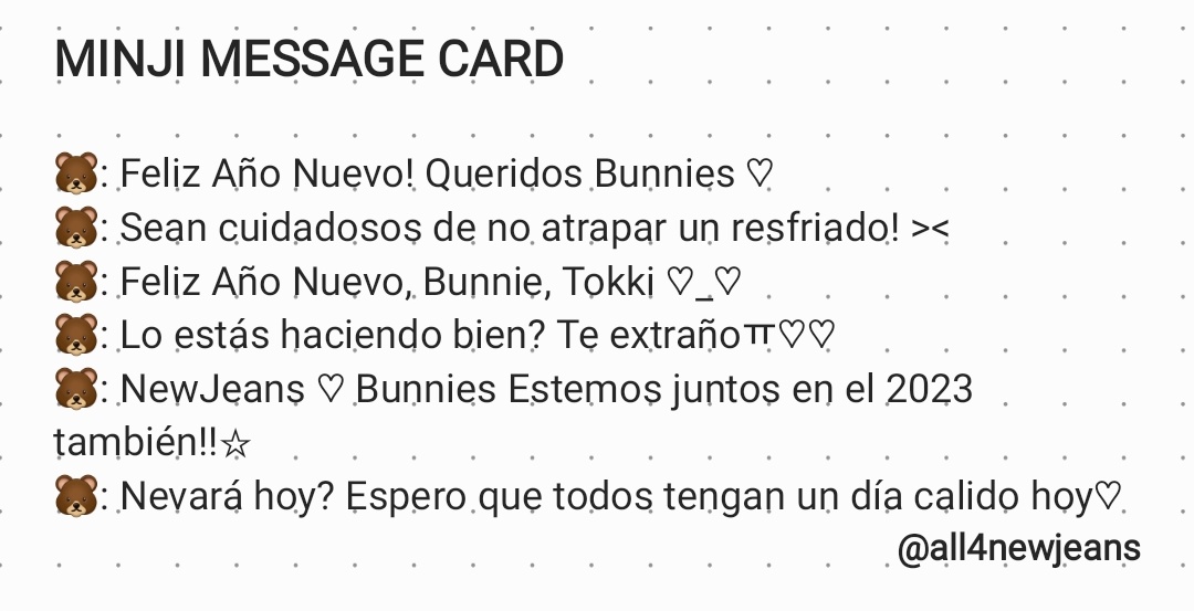 all4newjeans's tweet photo. [#민지] 230102 ㅡ ÁLBUM

Mensajes de #MINJI al reverso de sus photocards en la Versión Message Card de 'OMG'

#NewJeans @NewJeans_ADOR #뉴진스 #OMG_OUTNOW #NewJeans_OMG https://t.co/GJWHMqIKpQ