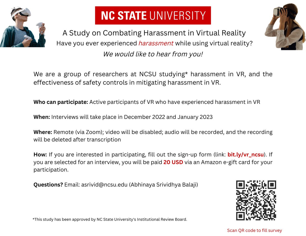 Abhinaya_SB_'s tweet image. Have you ever experienced harassment in #VirtualReality ? We would like to hear from you!
We are a group of researchers at NCSU studying harassment and safety controls in #VR
If interested in participating, fill out the sign-up form at ncsu.qualtrics.com/jfe/form/SV_4Z….
RT to amplify!