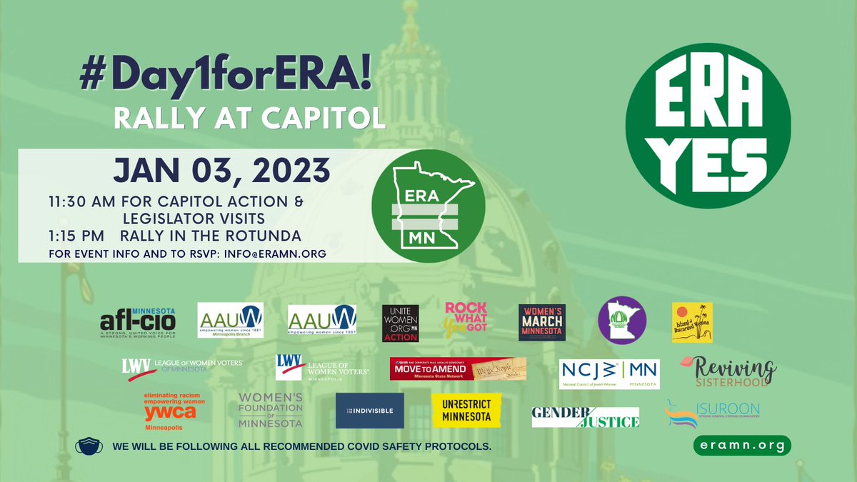 Join us with @ERAMinnesota and other allies for some Capitol Action & Legislator visits!

It will be followed by a Rally in the Rotunda.

Hope to see you there!

#day1forERA #ERAyes #equalrights