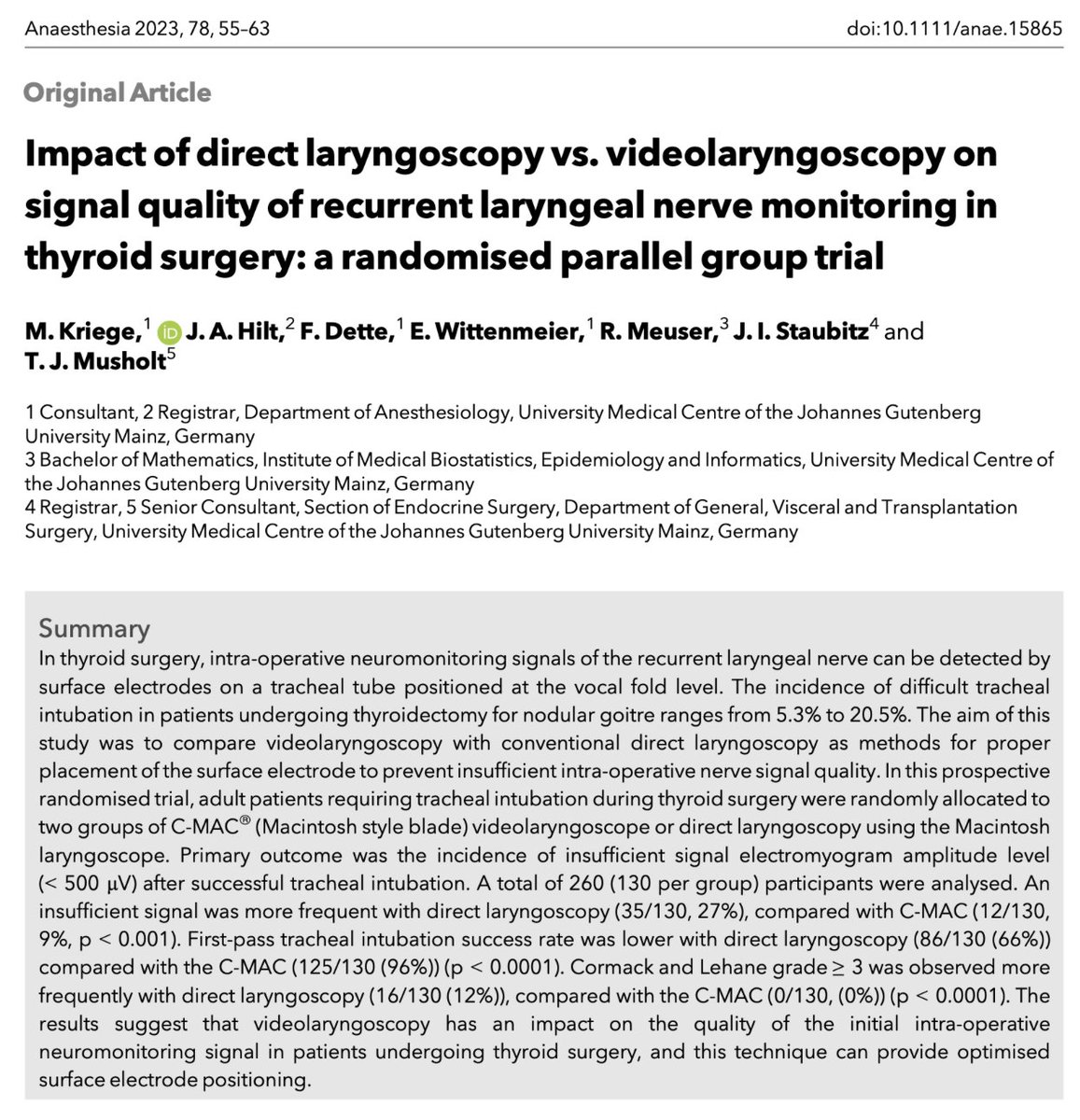 🔐Impact of direct laryngoscopy vs. videolaryngoscopy on signal quality of recurrent laryngeal nerve monitoring in thyroid surgery: a randomised parallel group trial.

This great new paper is now #OpenAccess and #FreeForever!

🔗…-publications.onlinelibrary.wiley.com/doi/10.1111/an…