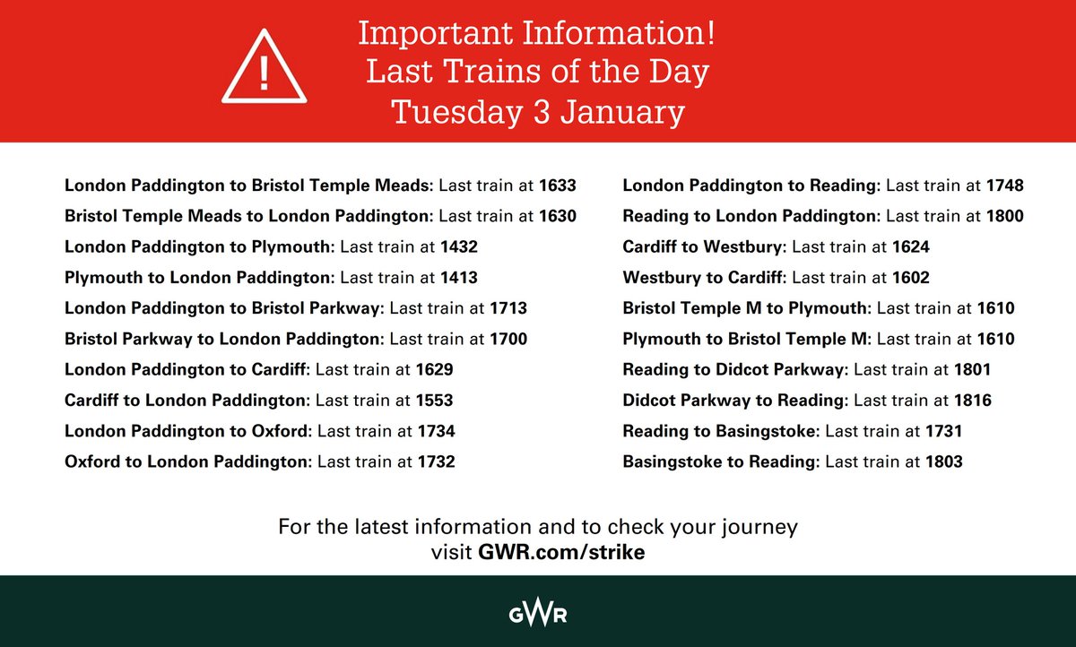 ⚠️ Industrial action update - Tuesday 3 January⚠️

Some services will finish earlier than usual so please check the times of the last trains carefully before you travel. 

For up to date information and to plan your journey go to gwr.com/strike