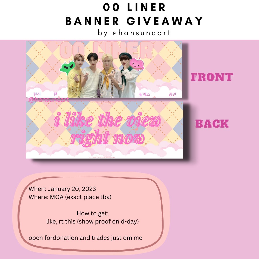 hansuncart's tweet photo. — 00 LINER BANNER GIVE AWAY

hello everyone I’ll be handing out free 00 liner banner on January 20

to claim
• like &amp; rt

time &amp; exact place: TBA
— super limited quantity 
— open for trades and donations just dm me!

see you stays!
#BENCHXSTRAYKIDS
#StayWithBENCH https://t.co/tW86K8sUo7