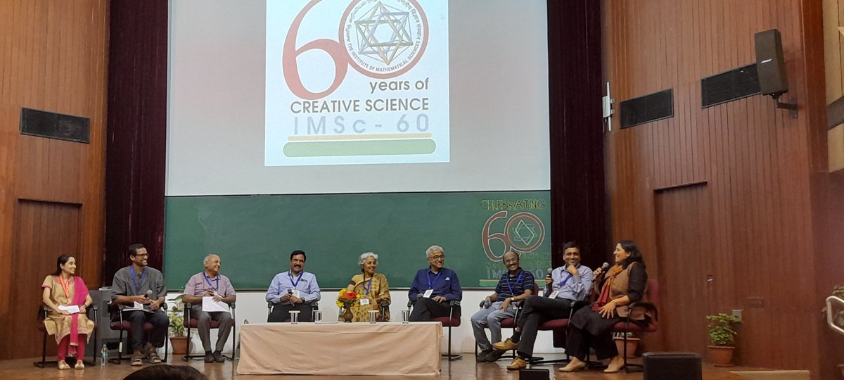 WormlockHolmes's tweet photo. Panel discussion with Chennai scientific leaders @IMScChennai including @doctorsoumya. All emphasize the importance of scientific literacy, critical thinking, synergy between institutions & be more public facing. #IMSc60 https://t.co/us17hZYcm7