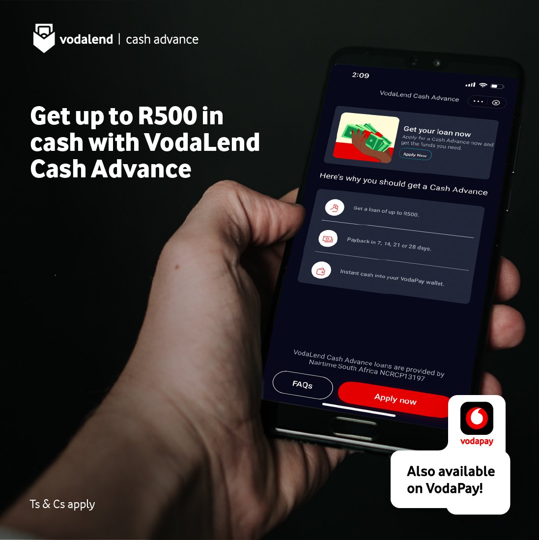 VodaPay's tweet photo. Stretch your budget and get through the month smoothly with VodaLend Cash Advance.💸 Get a loan between R50 – R500 in a few minutes. Funds available immediately in your VodaPay wallet.
Apply on VodaPay today: https://t.co/kbF1prbVk4
Ts & Cs apply. #KeepThingsMoving https://t.co/cQcDKzywlS