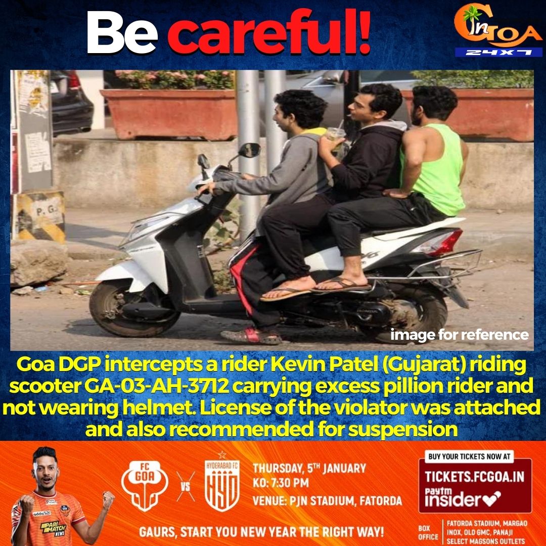 InGoa24x7's tweet photo. Goa DGP intercepts a rider Kevin Patel (Gujarat) riding scooter GA-03-AH-3712 carrying excess pillion rider and not wearing helmet. License of the violator was attached and also recommended for suspension

#TripleSeat #Goa #GoaNews #Scooter #License @DGP_Goa @spnorthgoa https://t.co/da97a8o0TD