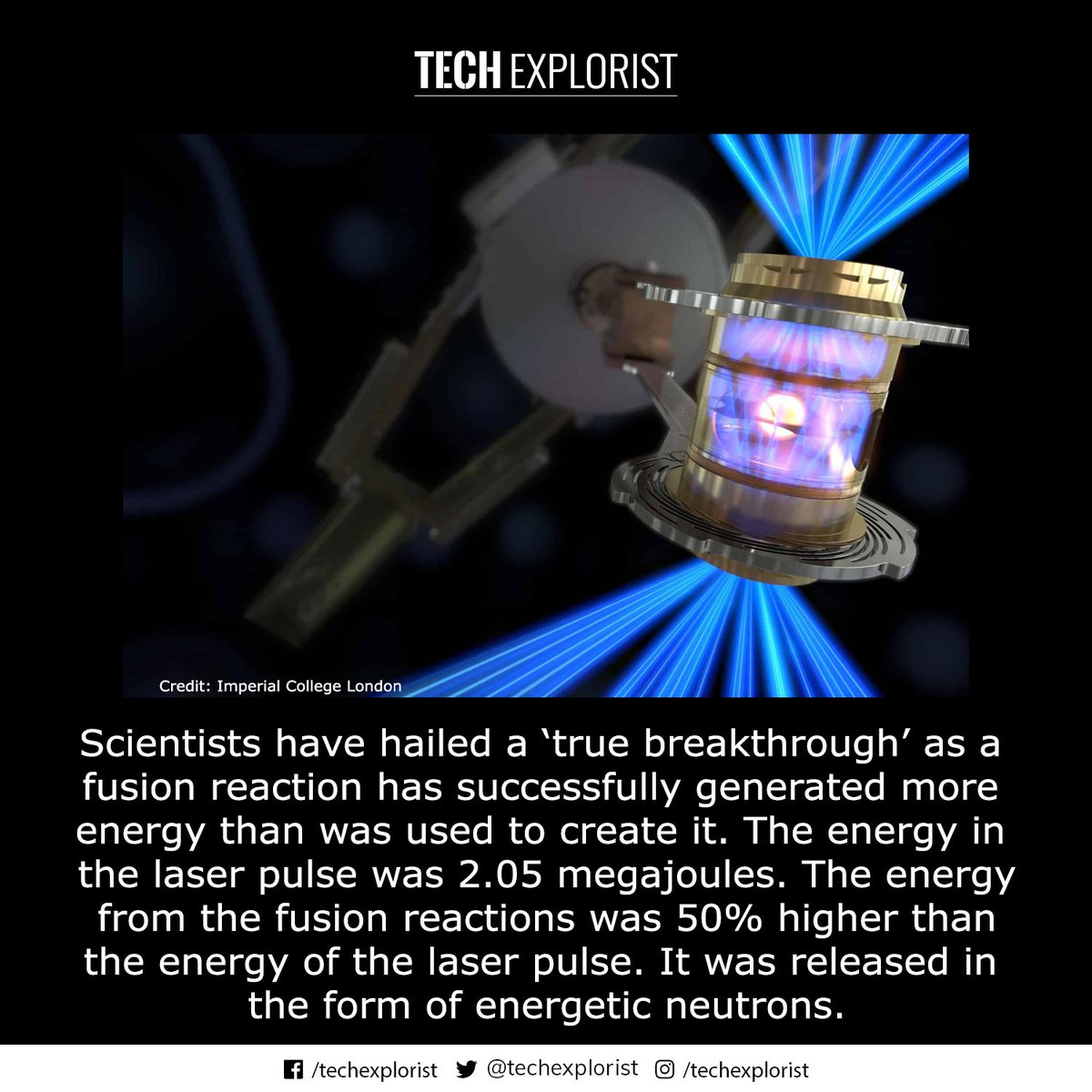 TechExplorist's tweet image. True breakthrough: Fusion experiment generates excess energy for the first time.
#fusionexperiment #truebreakthrough #fusionreaction #neutrons #science #techexplorist