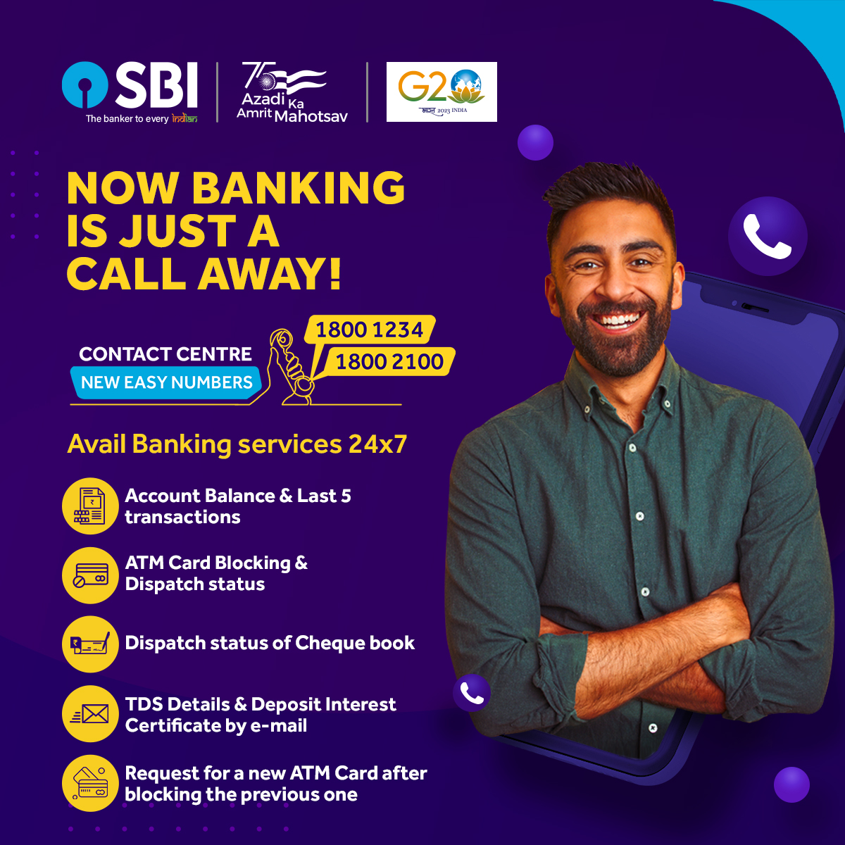 Dial our new easy-to-remember number for banking assistance on the go!

Call SBI Contact Centre toll-free at 1800 1234 OR 1800 2100.

#SBI #SBIContactCentre #TollFree #AmritMahotsav #AzadiKaAmritMahotsavWithSBI