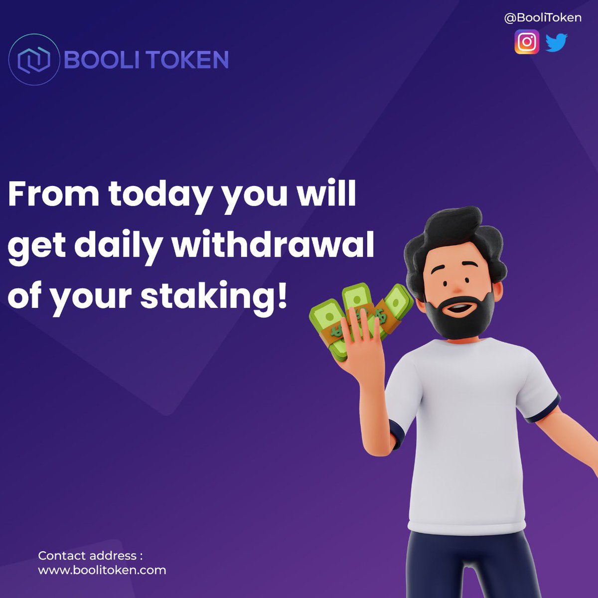 BooliToken's tweet photo. Daily withdrawals of your staking starts now!

Buy BOOLI 
Visit:- https://t.co/yV4MCEcV0i 
Or Visit:- https://t.co/q8VDC6dGpx

#crypto #bitcoin #cryptocurrency #blockchain #ethereum #btc #forex #trading #money #cryptonews #cryptotrading #bitcoinmining https://t.co/ZlKBeYqjs3