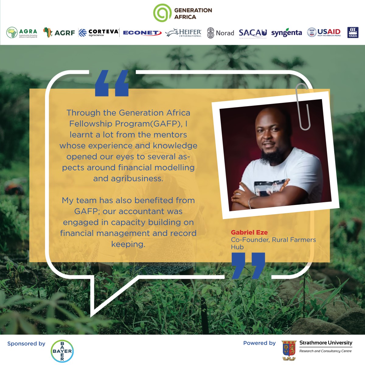 GoGettazAfrica's tweet photo. "With the #GenerationAfrica Fellowship Programme (#GAFP), we laid the foundation and have begun discussions with partners in Zim, Rwanda, &amp; Burkina Faso," says Gabriel Eze, Co-Founder, @ruralfarmershub, Nigeria.

#ImpactStories @Bayer @Bayer4Crops @AGRA_Africa @TheAGRF  @SRCC_Ltd https://t.co/rK1KVbZbeI
