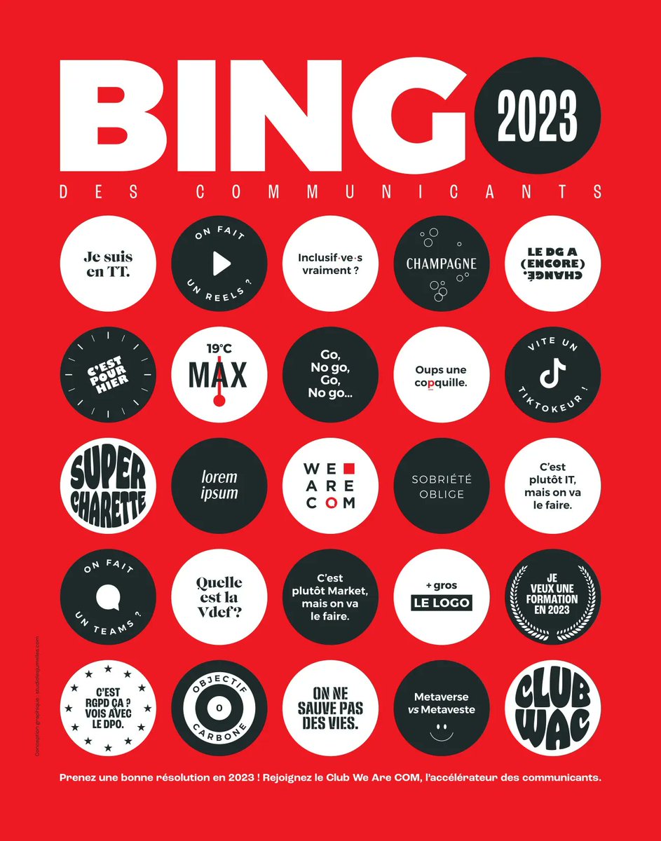 🎉 La team We Are COM vous souhaite une excellente année 2023 et vous invite à tenter votre chance au grand BINGO de la #communication ! Retour sur les expressions les plus clichés de nos métiers. 😉 buff.ly/3X2aeka