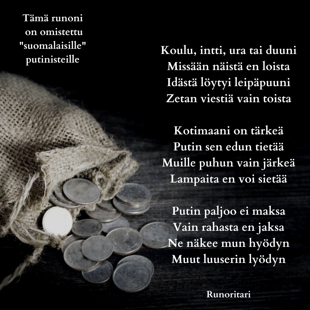 runoritari's tweet photo. Lähipäivinä olen ollut suomenkielisten Putinin trollien hyökkäysten kohteena, mistä johtuen kirjoitin ko. porukasta #runo:n. Olemme varmasti kaikki pohtineet, mitä pitää tapahtua, jotta suomenkielinen ihminen alkaa toimia näin. Uskoakseni olen hyvin jäljillä tässä #turpo #juudas https://t.co/IX2Ih3mXD5