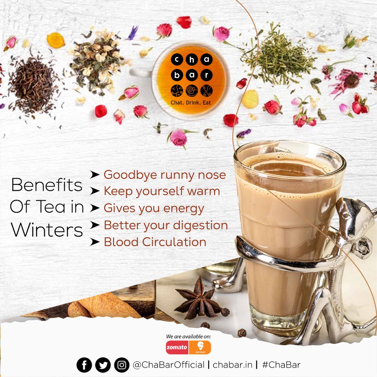 chabarofficial's tweet image. Here are some benefits of drinking tea in winter!
Visit Cha Bar and try our awesome Cha. ☕🍃
#HealthTips #BenefitsOfDrinkingTea #Winter #TeaLover #Cupoftea #ChaBar #ApeejayGroup