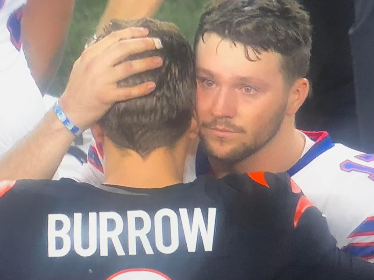 thebengalorian's tweet photo. I’m not here to share graphic images or quotes from media or players. Nor a recap of the tragedy itself. It isn’t my place to direct your actions or feelings but I’ll say this. Remember one thing… these players we love, yell at and admire.. are human… #RuleTheJungle #BillsMafia https://t.co/K23hpT2Neh