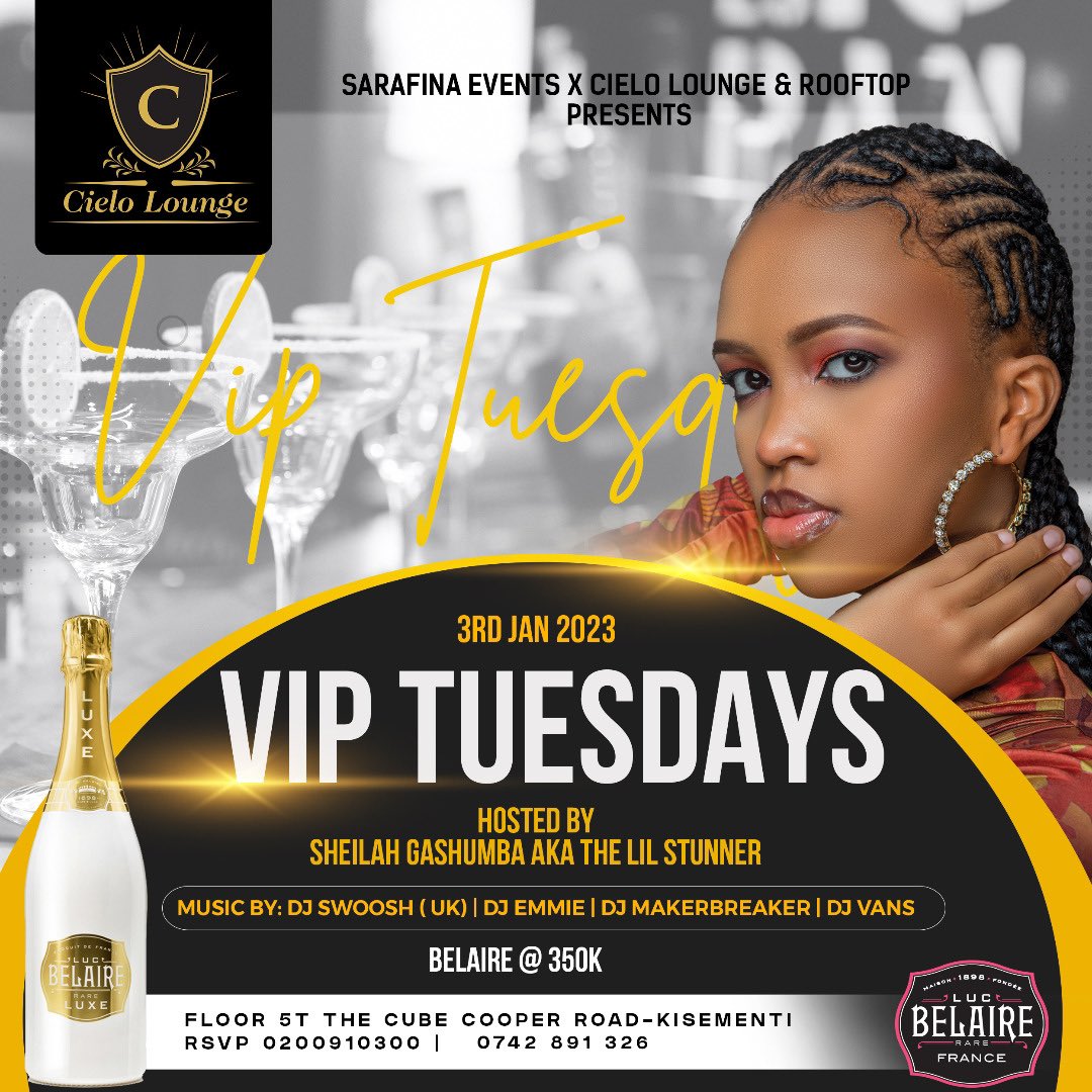 seralana2's tweet photo. Hey family 🥰🥰 

 What a beautiful way to start new year in style with  a #VipTuesday at @cieloloungeug  fifth floor ☠️

Come through Tonight 👊👊 and less party like never before with our beautiful host @SheilahGashumba https://t.co/Xx3zYVazWW
