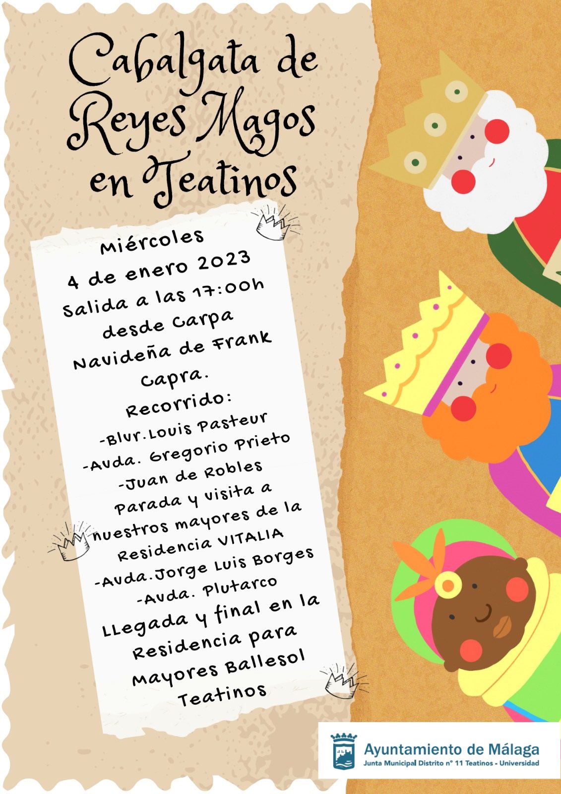 Horario e Itinerario de la Cabalgata de Reyes Magos de Teatinos (Málaga) 2023