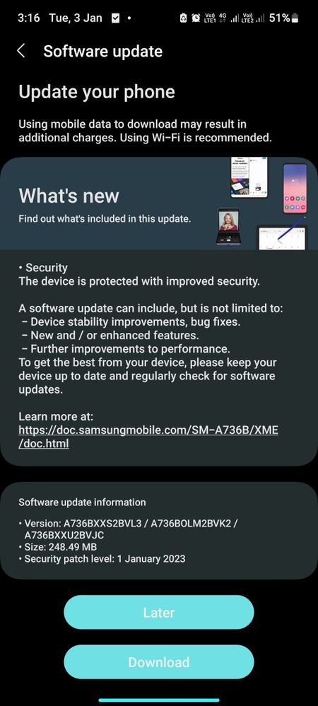 SamNewsRooms's tweet photo. Samsung Galaxy A73 5G
Region - Malaysia
Release date: 03/01/2023
Android Security Patch Level: January 2023
Software Version: A736BXXS2BVL3
#Samsung #GalaxyA73 https://t.co/1v7KzrmlyF