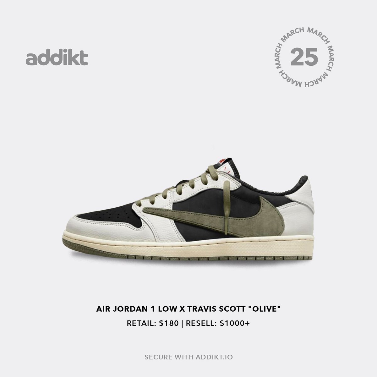 Nike x Travis Scott Air Jordan 1 Low “Olive” dropping on March 25th.
Cop the drop with Addikt 
-
Sign up at Addikt.io or click the link in our bio to be notified when we next restock.