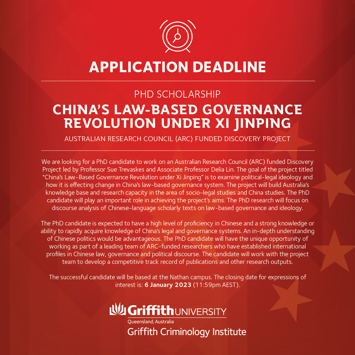 APPLICATION DEADLINE | We are looking for a PhD candidate to work on an <a href="/arc_gov_au/">Australian Research Council</a> funded Discovery Project led by Professor Sue Trevaskes &amp; A/Professor Delia Lin. 

Closing date for EOIs is 6 January 2023. 

Find out more &gt; griffith.edu.au/research-study…

#Researcher #PhDposition