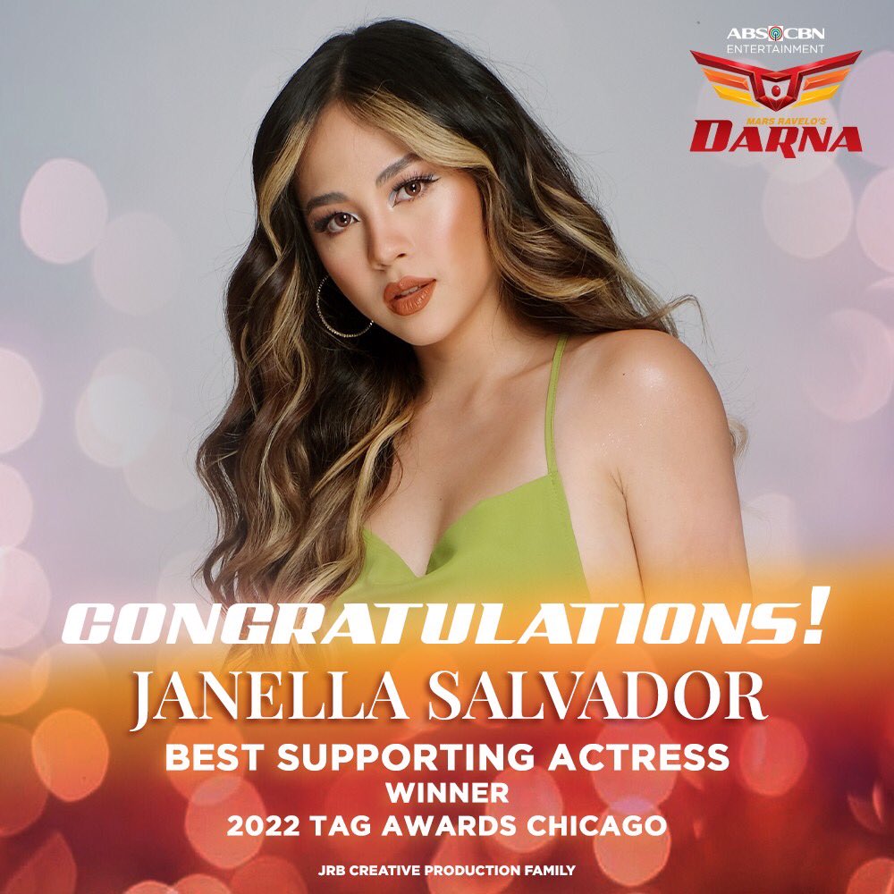 JRBcreativeprod's tweet photo. Congratulations, Janella Salvador sa iyong  BEST SUPPORTING ACTRESS win for #Darna sa 2022 TAG Awards Chicago! We are proud of you!🐍❤️‍🔥 #TagAwards2022🔥 #DarnaPartnersVsCrime https://t.co/qXkr9XFMVp