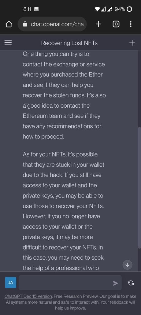 sha_for_reason's tweet photo. Hello @ethereum,I spoke with chatGPT (@OpenAI).About
"My Crypto wallet got hacked. The hacker activated swiper script on my Ethereum (ERC20) wallet. My Ethereum wallet got drain everytime I put some ETH on my wallet. Now my NFTs got stucked in my ERC-721. How to recover my NFTs?" https://t.co/jDcfvQNl5p