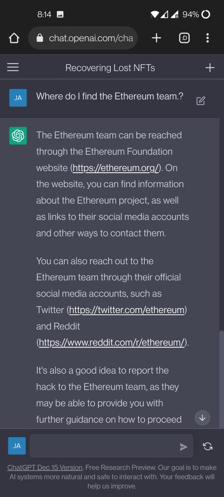 sha_for_reason's tweet photo. Hello @ethereum,I spoke with chatGPT (@OpenAI).About
"My Crypto wallet got hacked. The hacker activated swiper script on my Ethereum (ERC20) wallet. My Ethereum wallet got drain everytime I put some ETH on my wallet. Now my NFTs got stucked in my ERC-721. How to recover my NFTs?" https://t.co/jDcfvQNl5p
