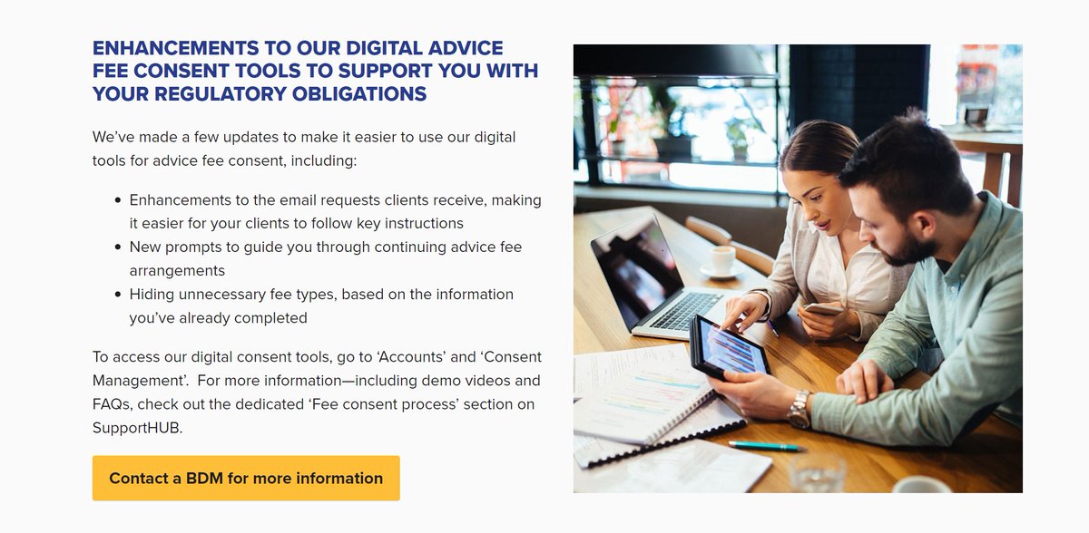 2022 platform enhancements: Digital advice fee consent tools

In case you missed it...to support you with your regulatory obligations, we created and enhanced online tools to obtain your clients' consent for advice fees. 

Learn more: bit.ly/3jgxVGT