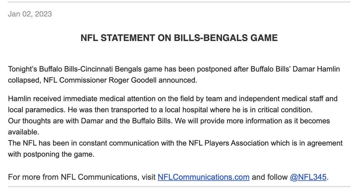 JoriEpstein's tweet photo. NFL statement says Bills safety Damar Hamlin in "critical condition" at local hospital. No words. 🙏🏽🙏🏽 https://t.co/5KvZWpN4Wp