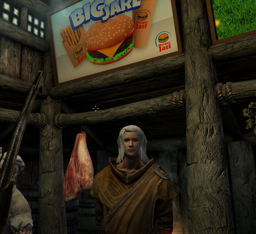 leoloric's tweet image. i found a mod that added emet-selch to skyrim so he works at Burger Jarl now