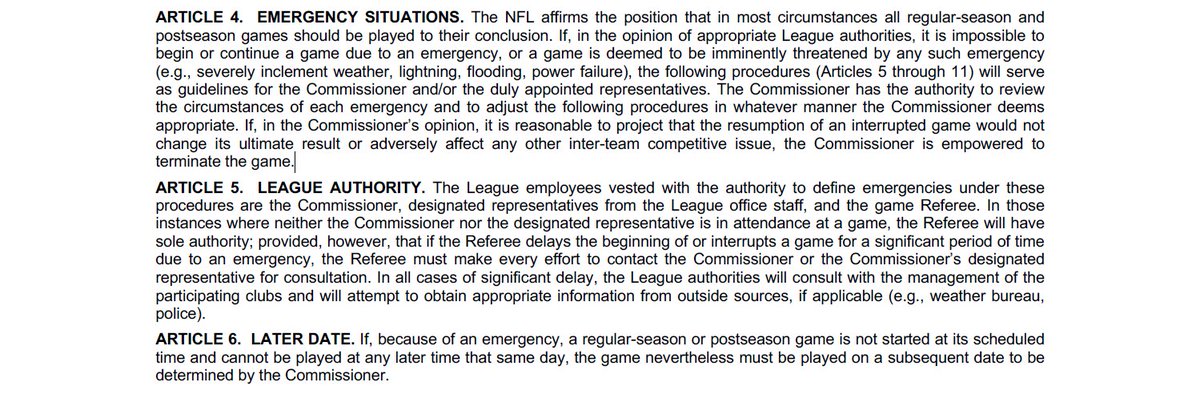 footballzebras's tweet photo. Rule 17 is the catch-all overview of handling extraordinary situations. The game will not be terminated because there are competitive aspects. The game will be resumed, and the Commissioner will make a determination with Football Operations and teams how that will take shape https://t.co/CR60G6iDVj
