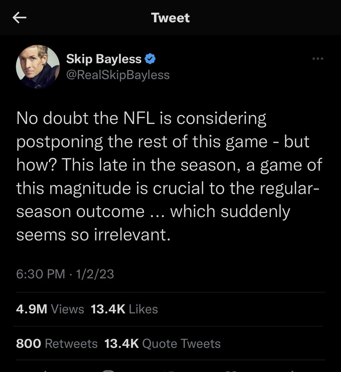 Will Skip Bayless be fired for this insensitive and disgusting tweet?! Will there be company and public wide outrage at the fact one of their employees just shrugged off another man’s life over a football game?! Or does he get a pass? Keep the energy consistent. What a guy smfh