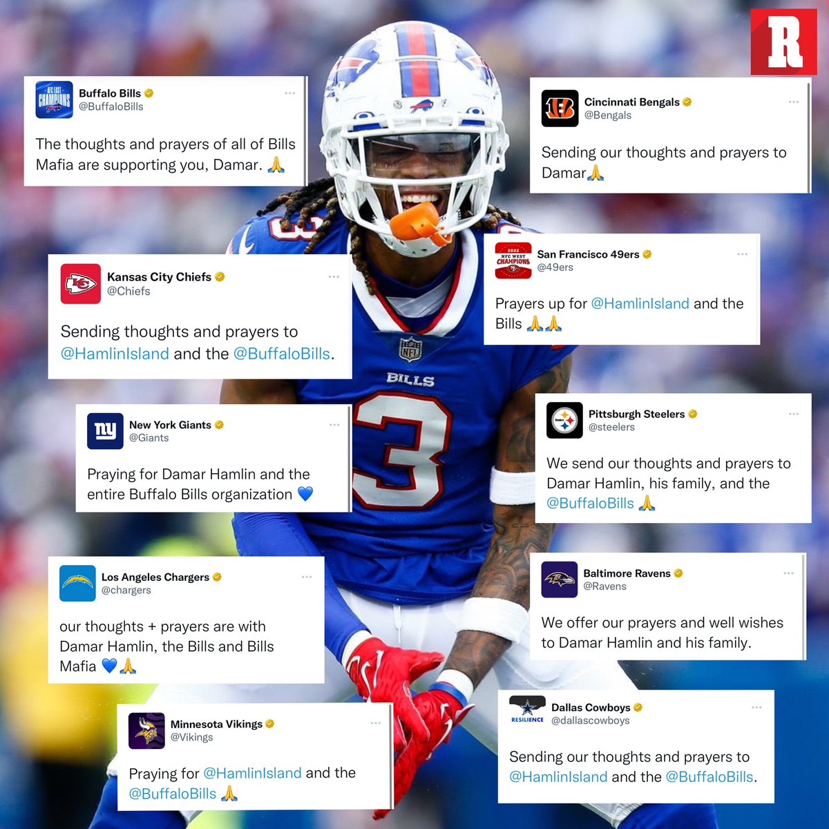 record_mexico's tweet photo. ORACIONES CON ÉL 🙏

Toda la NFL y sus aficionados unidos para pedir por Damar Hamlin.

No hay actualizaciones oficiales sobre su estado de salud, pero fue trasladado al Centro Médico de la Universidad de Cincinnati. https://t.co/SNX3q1uv01