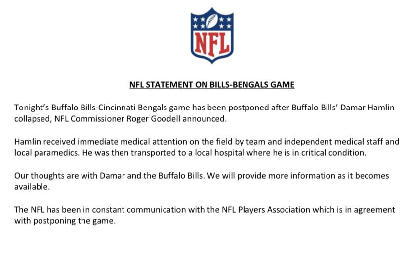 RT @kfitz134: NFL statement shares that Damar Hamlin is in critical condition: https://t.co/Cseic8ZYwC