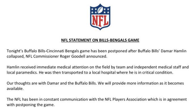 Official word from NFL: #Bills Damar Hamlin is in critical condition.