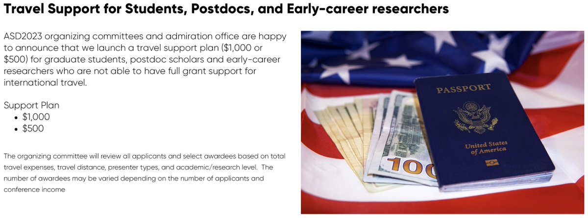 asd2023korea's tweet photo. We have a great travel support plan for students, postdocs, and early-career researchers for #ASD2023. Please take a look. https://t.co/jWfevKnK4E

Abstract submission will be opened from Jan 16th. Save the date. 
#ALDep #ASDep #ASD2023 https://t.co/vXrsfMr1zJ