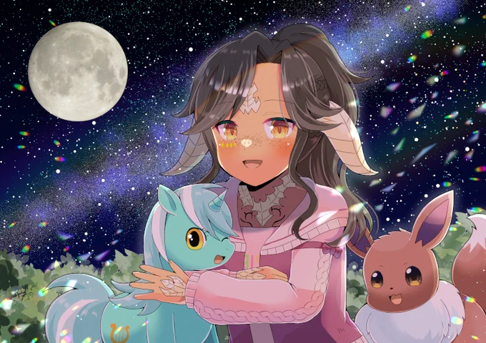 依頼者さんのお友達のFF14キャラとイーブイとライラ・ハートストリングスを描かせて頂きました!リクエスト有難うございます  #Skeb #Commission #FF14 #アウラ 