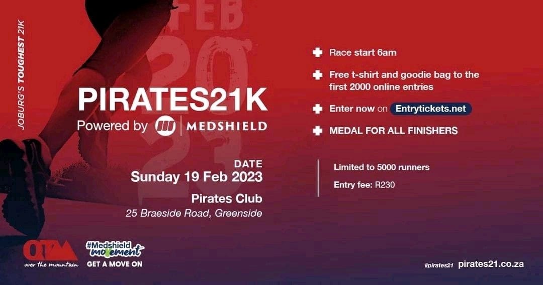 MedshieldSA's tweet photo. Time to get your tickets for the half marathon that's on everyone's #BucketList - The #Pirates21k #joburgstoughest21 Enter before they're gone! Link to entries here - https://t.co/l8JoVr6ZjM
#MedshieldSA #MedshieldMovement #GetAMoveOn #goals #runtogether #bucketlistraces https://t.co/O5MdqAQCSy