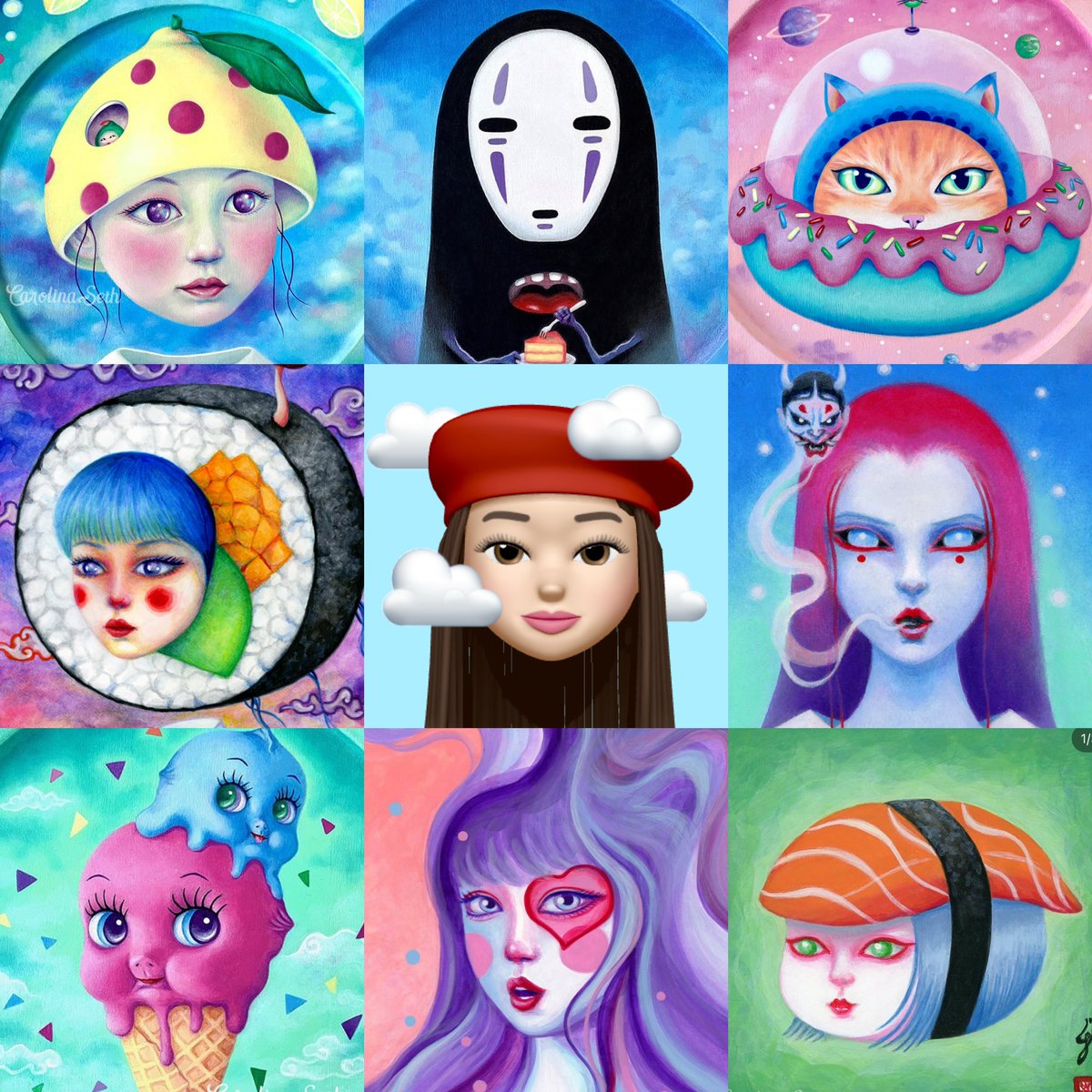 bighelmethead's tweet photo. Mysterious creatures, UFOs, and food that looks at you. Some works from 2022 🙂 Thank you for your support. Looking forward to creating more art to inspire and amuse 💗 #popsurrealism #artistsontwitter #artcollectors #surrealism #darksurrealism #kawaiiart https://t.co/XmhK8wIYK7