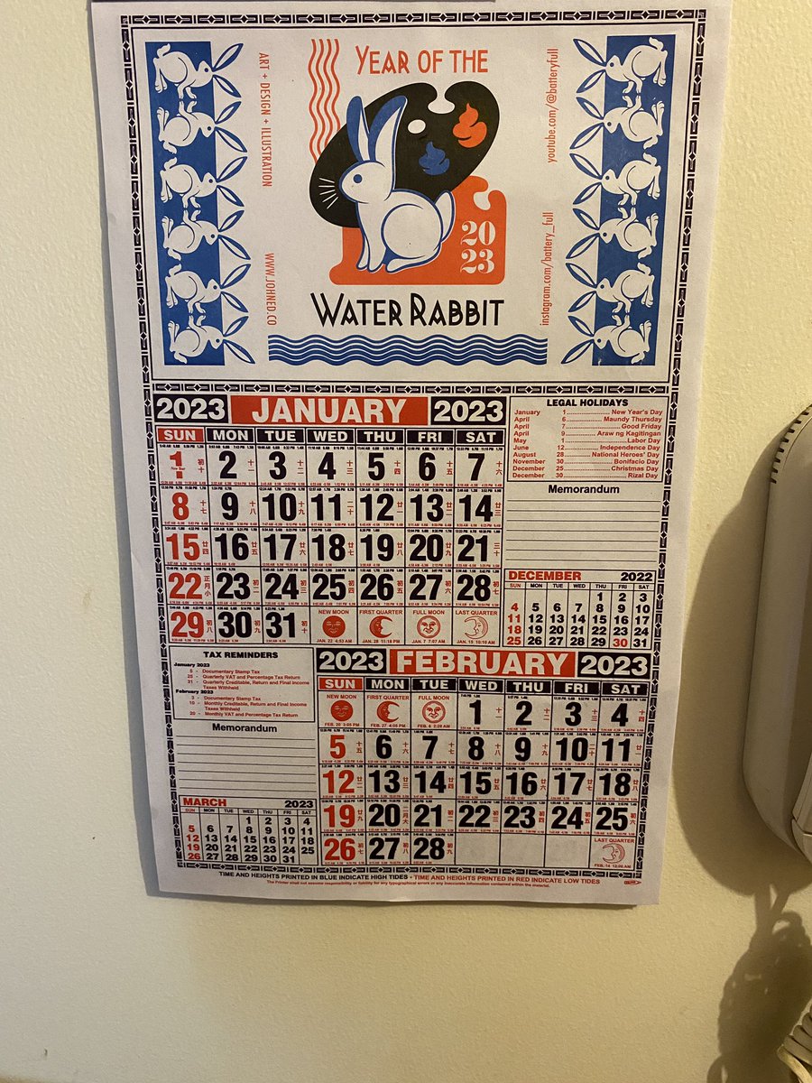 Sarski's tweet image. Dropped by #CommonRoomPH at Rockwell and came back with a few 2023 water rabbit calendars. Out of everything here in my place, it&apos;s the one thing that instantly reminds me of home ❤️