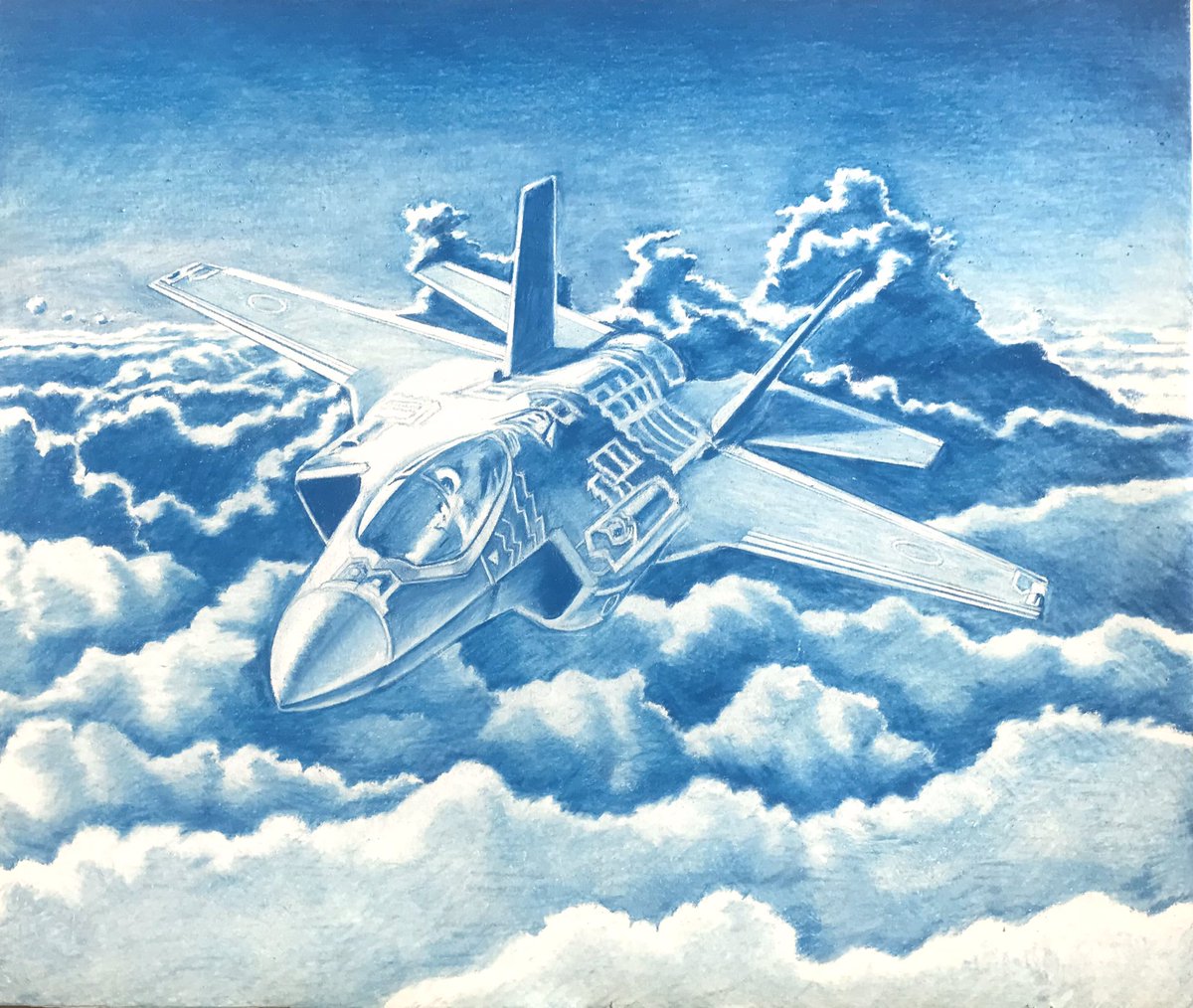 「F8号。シアン版1回目完了。次はマゼンタ版。#色鉛筆画 #飛行機画 #林亮太 #」|林 亮太＠2023 5/20〜6/11清瀬市郷土博物館個展のイラスト