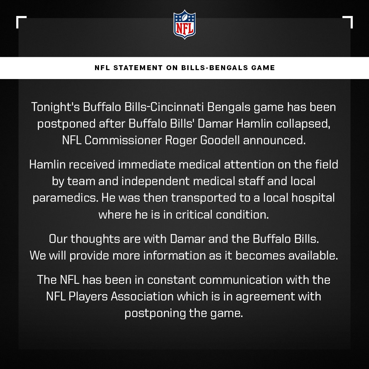 Lamentable, triste, desgarrador lo ocurrido esta noche en el cierre de la semana 17 de la NFL. Oraciones por la salud y la vida  de Damar Hamlin quien recibió CPR antes de ser trasladado a un hospital local.