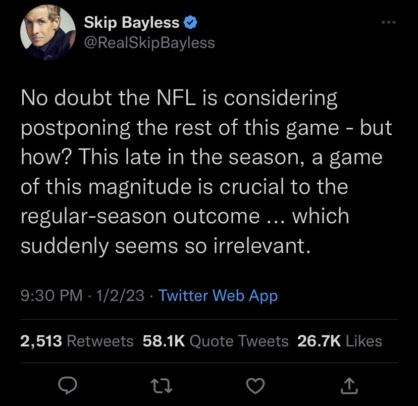 nikonicer's tweet photo. This Tweet by @RealSkipBayless is NOT what we thought! The last sentence was meant as heartfelt! Not a sarcastic eye roll! Read it AGAIN! 😬 https://t.co/nGbgUhyvCR