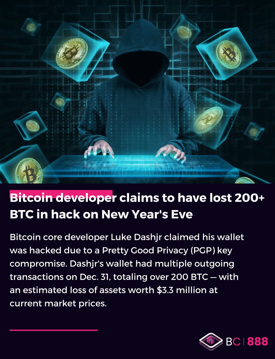 Blockchain888_'s tweet photo. 🚨Bitcoin developer claims to have lost 200+ BTC in hack on New Year's Eve 
#bitcoin #btc #cryptonews #cryptocurrency #newyear https://t.co/ZOucI4qa49
