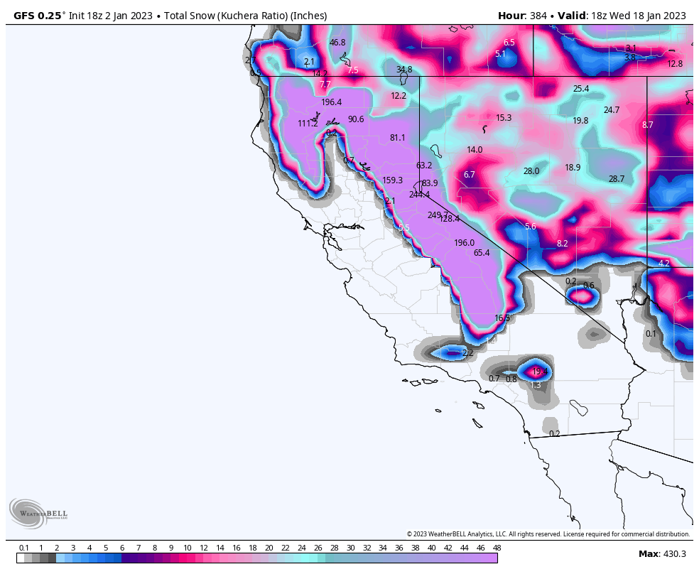 WasatchSnow's tweet photo. I was told this is 100% going to happen by @tahoeweather. 430" over the next 16 days in California. 

JK, lolz. But seriously, it is going to be an active couple weeks in California. https://t.co/fwWMUsDdqD