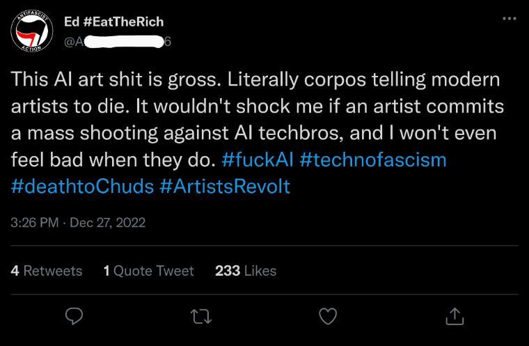 DiffusionPics's tweet photo. Let's be clear here - Using AI does not break laws, it is free - it is not a corporate monopoly, it is not fascism, it is not theft, it is no plagiarism, and it certainly is not ok to wish or imply that you hope that us "tech bros" die in a hail of bullets. #AIArt
#StableDi… https://t.co/loRG1tI5R1