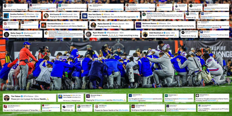JamieApody's tweet photo. The NFL is a family. It’s beautiful the way players come together in times like this. It’s heartbreaking that because of tonight’s tragic events they even have to. 🙏🏻 https://t.co/rsmBgBjTFK